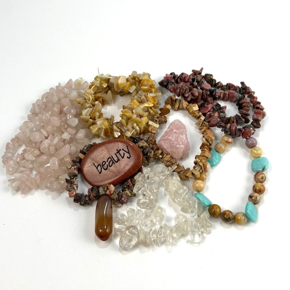 Assorted Gemstone Nugget Beads Destash Lot Agate Quartz Goldstone Shell Earthy
